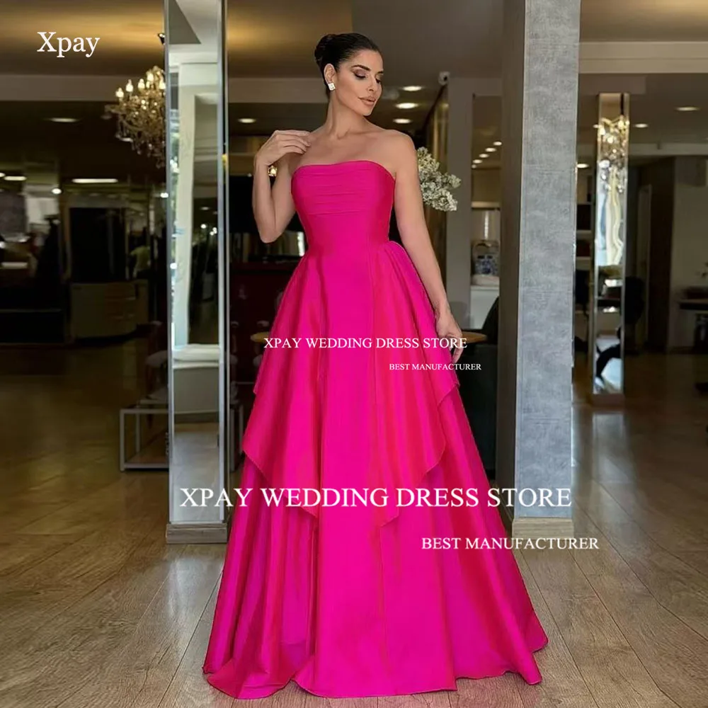 XPAY Strapless Rose Red A Line Prom Dresses Sleeveless Ruffles Dubai Saudi Arabic Customized Formal Evening Gowns Party Dress