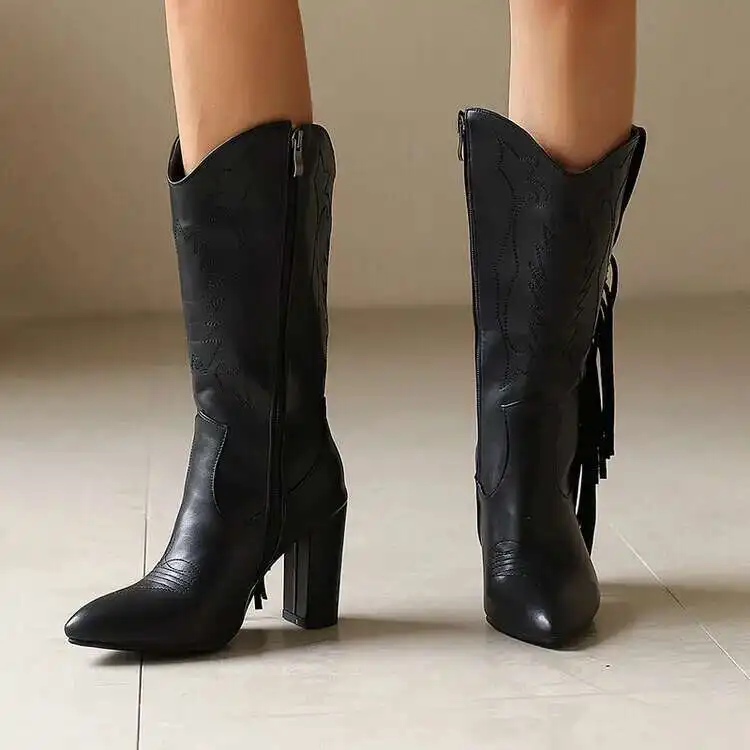 

Black Embroidered Tassel Western Boots Pointed Toe Side Zipper Thick Heel Mid Boots