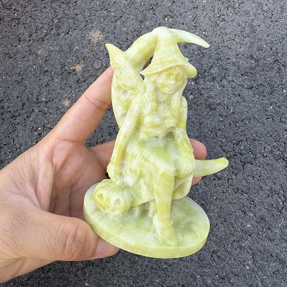 Custom Handcrafted Natural Cauliflower Jade Fairy Witch on Crescent Moon Figurine - Cute Gemstone Fantasy Statue Collectible