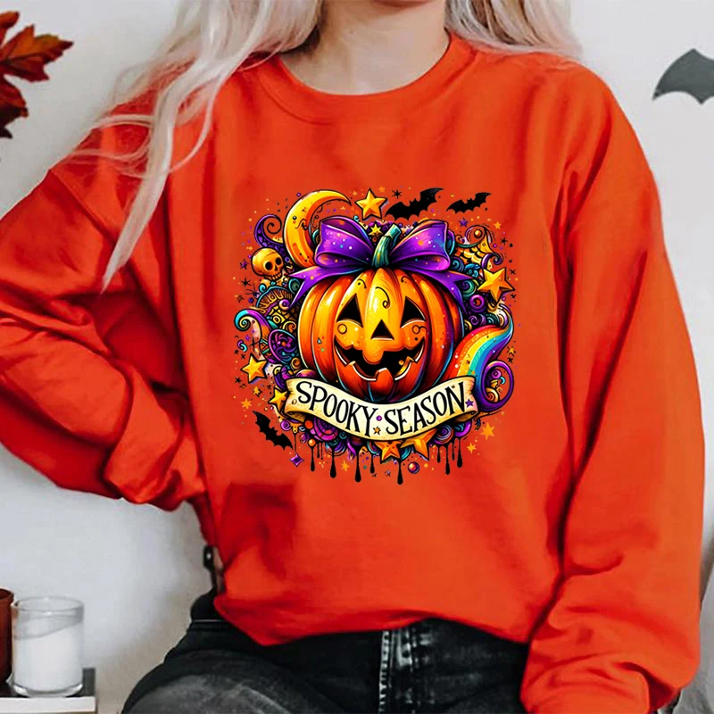 

Funny Halloween Pumpkin Spooky Season Print Pullover New Fashion Autumn And Winter Halloween Hoodless Sweatshirt Round Neck Tops