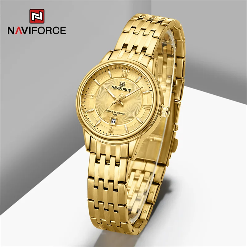 NAVIFORCE Pareja Reloj de pulsera de cuarzo de lujo Relojes con correa de acero inoxidable de moda para hombre y mujer Reloj luminoso resistente al agua de lujo