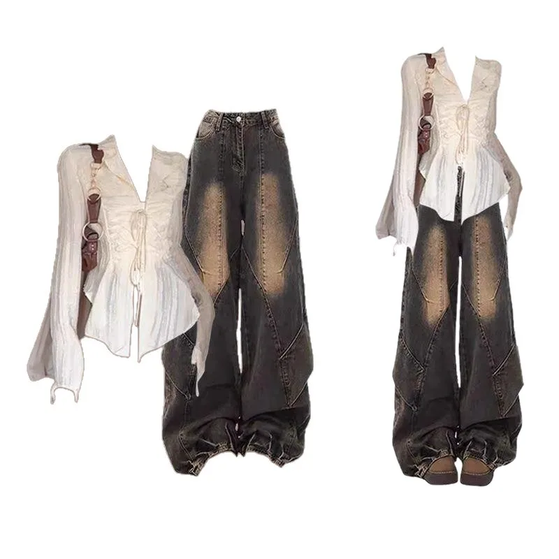 Spring Set Women's New Korean Style Western-style Age Reducing Cardigan Top+retro Slimming Jeans Two-piece Set