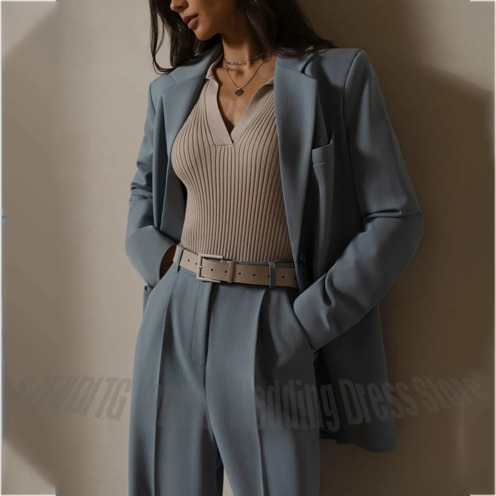 Dusty Blue Women Suits Casual Loose Single Breasted Blazer Pants 2 Piece Minimalist Fashion Office Daily Wear Outfit Set