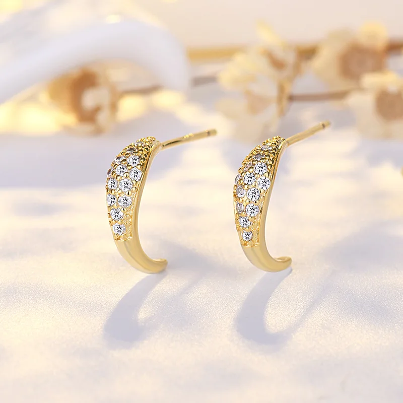 Luxurious  Fashion Stainless Steel C-shaped Rhinestone Earrings For Women  Puncture Jewelry Party Gift
