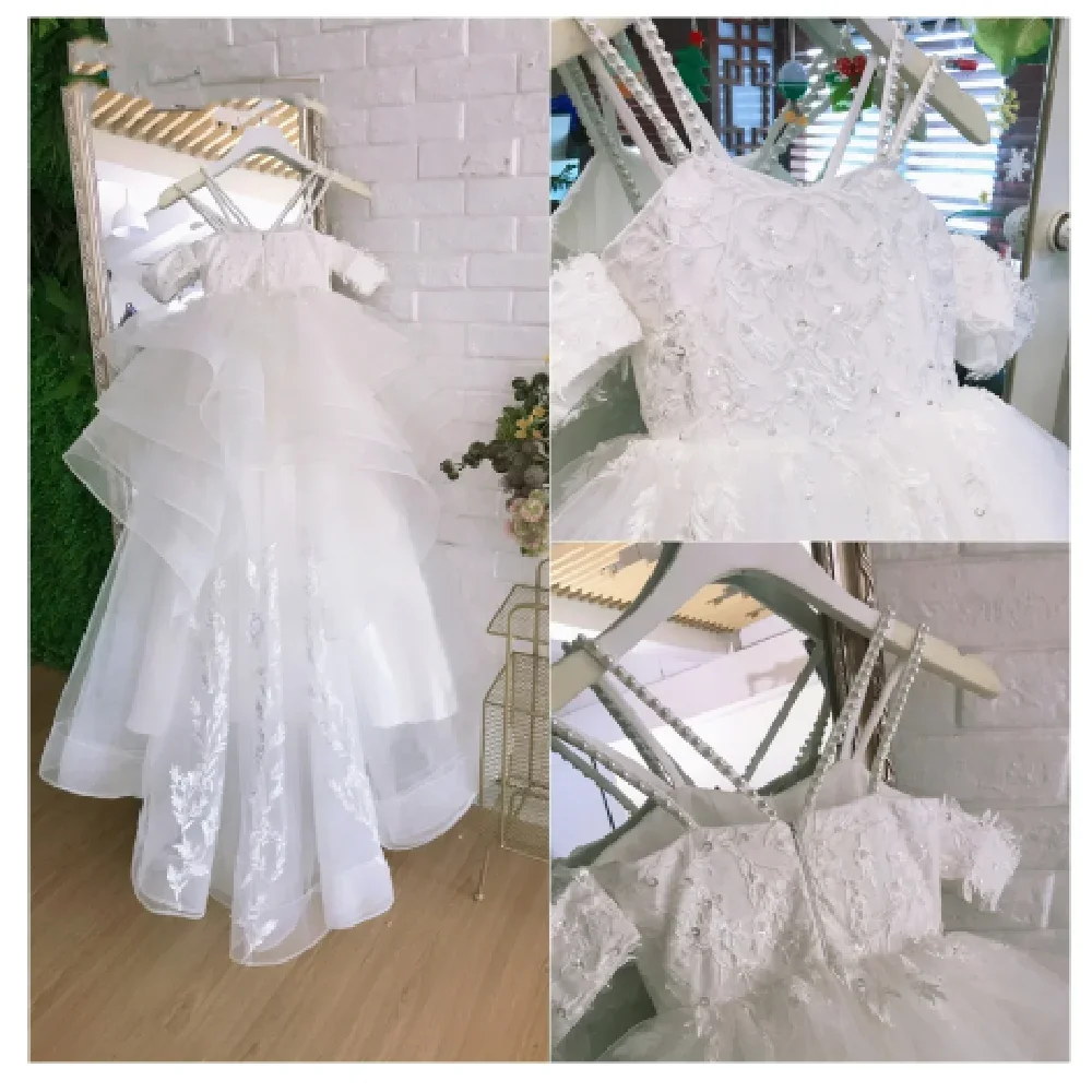 Vestido de flor de ombro inchado para meninas, fora da princesa, primeira comunhão, aniversário, casamento, vestido bonito para crianças, presentes infantis