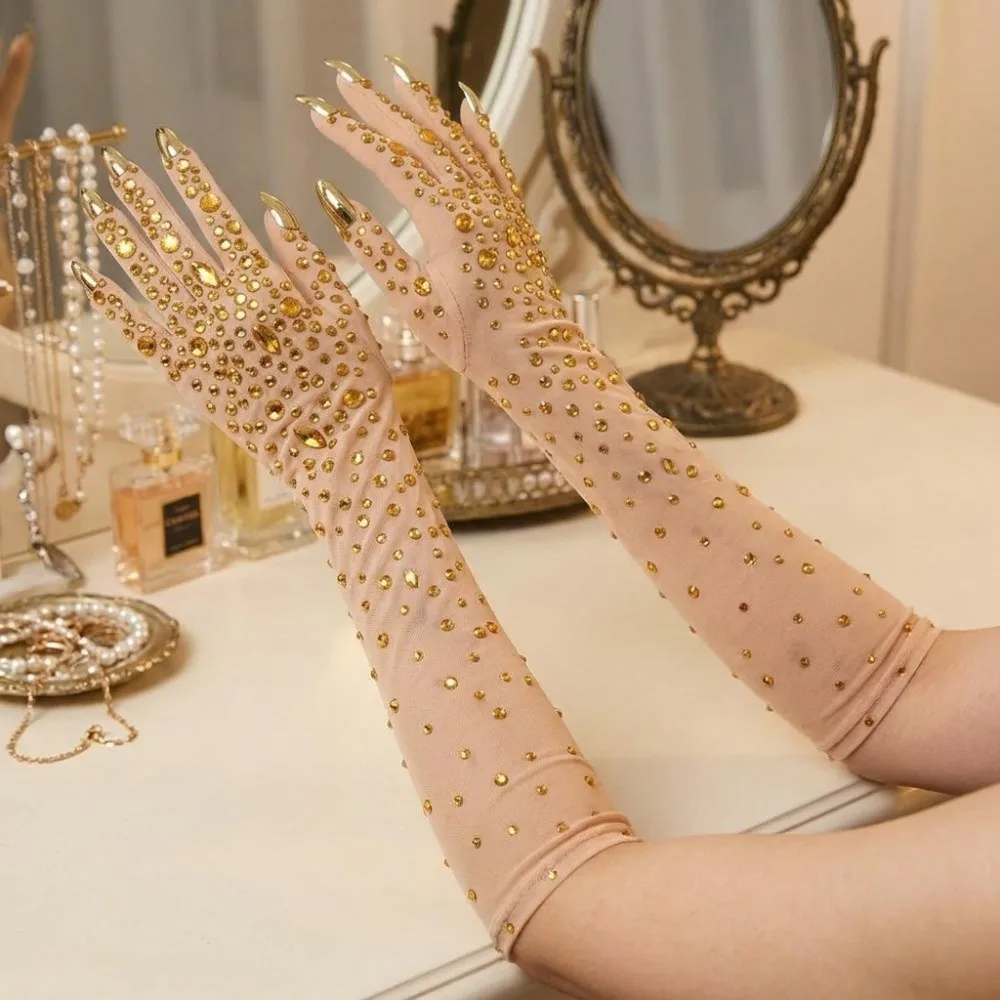 Accessories Sparkling Rhinestone Gloves Stretch Breathable Crystal Mesh Gloves Full-Finger Thin Long Wedding Mittens Stage Wear