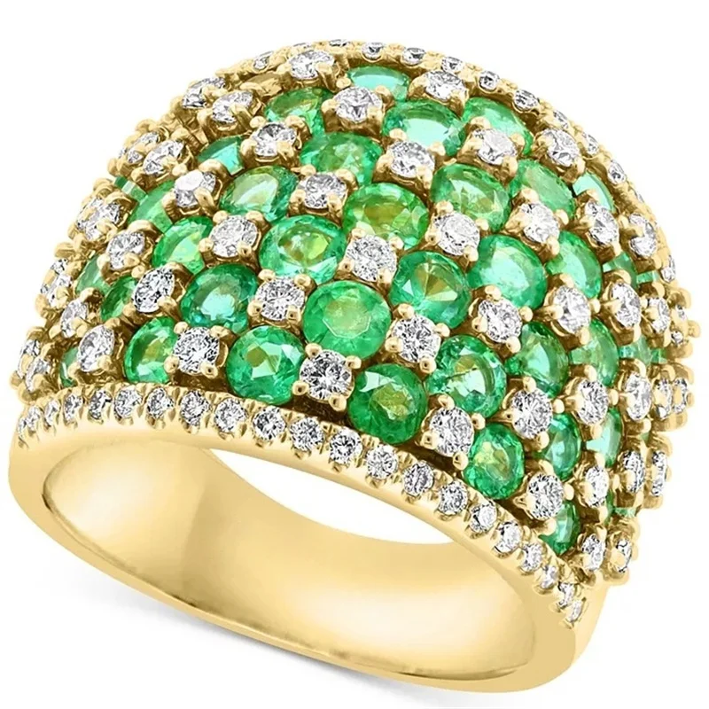 Golden Plated Inlaid Sparkling Green Synthetic Zirconia Ring for Women's Vintage Elegant Temperament Banquet Jewelry Accessories