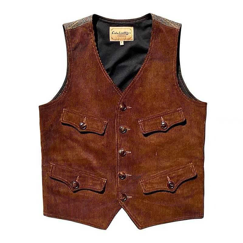 

Men's Vest Corduroy Tweed Patchwork 4 Pockets Safari Style Vintage Waistcoat