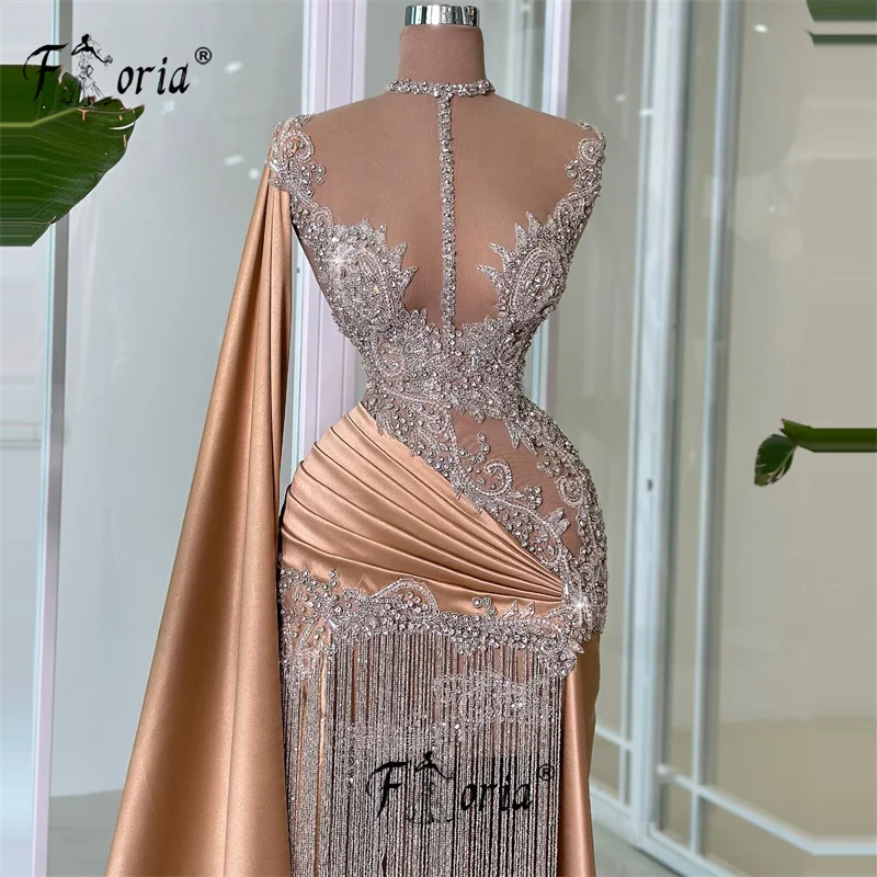 Luxury Champagne Handemade Beads Satin Formal Celebrity Party Dress Dubai Heavy Crystal Tassel Evening Gown vestido de casamento