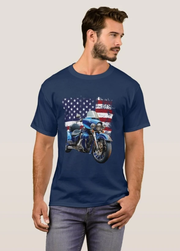 USA Flag Motorcycle Trike American Rider MotorTrike T-Shirt O-Neck Short Sleeve Summer Casual Mens