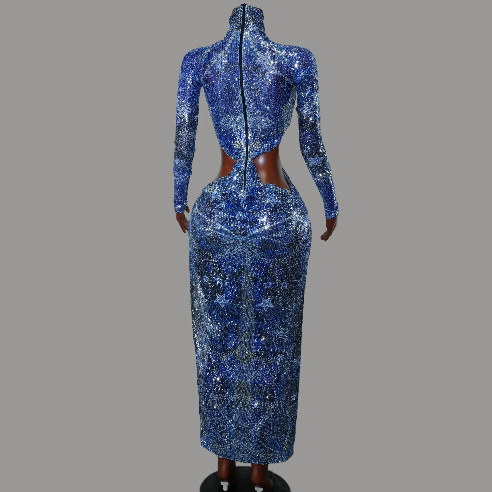 Сексуальное синее платье с блестками и высоким воротом, длинными рукавами и вырезом на талии, вечернее платье с высоким разрезом, костюм певицы, сценического костюма трансвестита