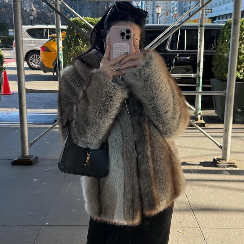 Brand Fashion 90s Vintage Brown Striped Faux Fur Coat Women 2026 Winter Chic Scraf Collar Overcoat Fox Fur Jacket Female