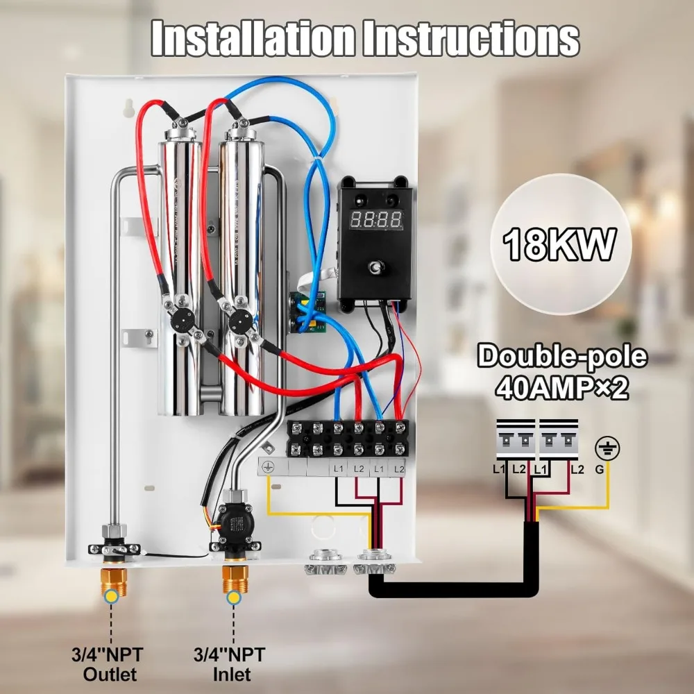 Upgraded 18KW Tankless Water Heater Electric, Electric Tankless Water Heater 240V with Self Modulates to Save Water Heater