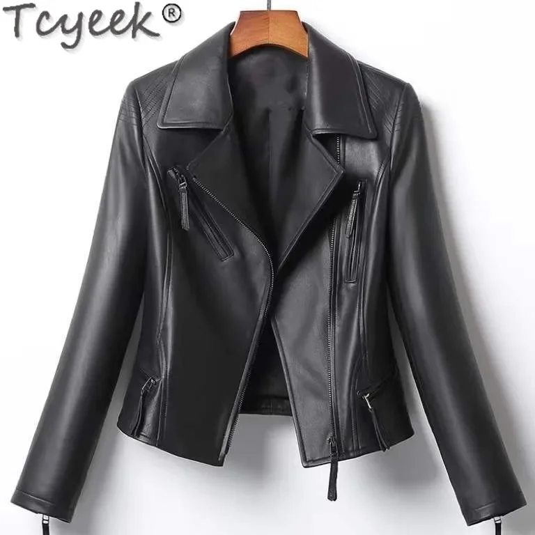 Tcyeek Real Leather Jacket Women Sheepskin Black Coat Women's Motocycle Jackets Spring Autumn Clothes Slim Fit Jaqueta De Couro