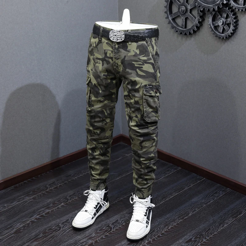 Y2K fashion new men's jeans stretch slim fit washed water nostalgic stretch slim fit multi pocket grass green jeans designer pan
