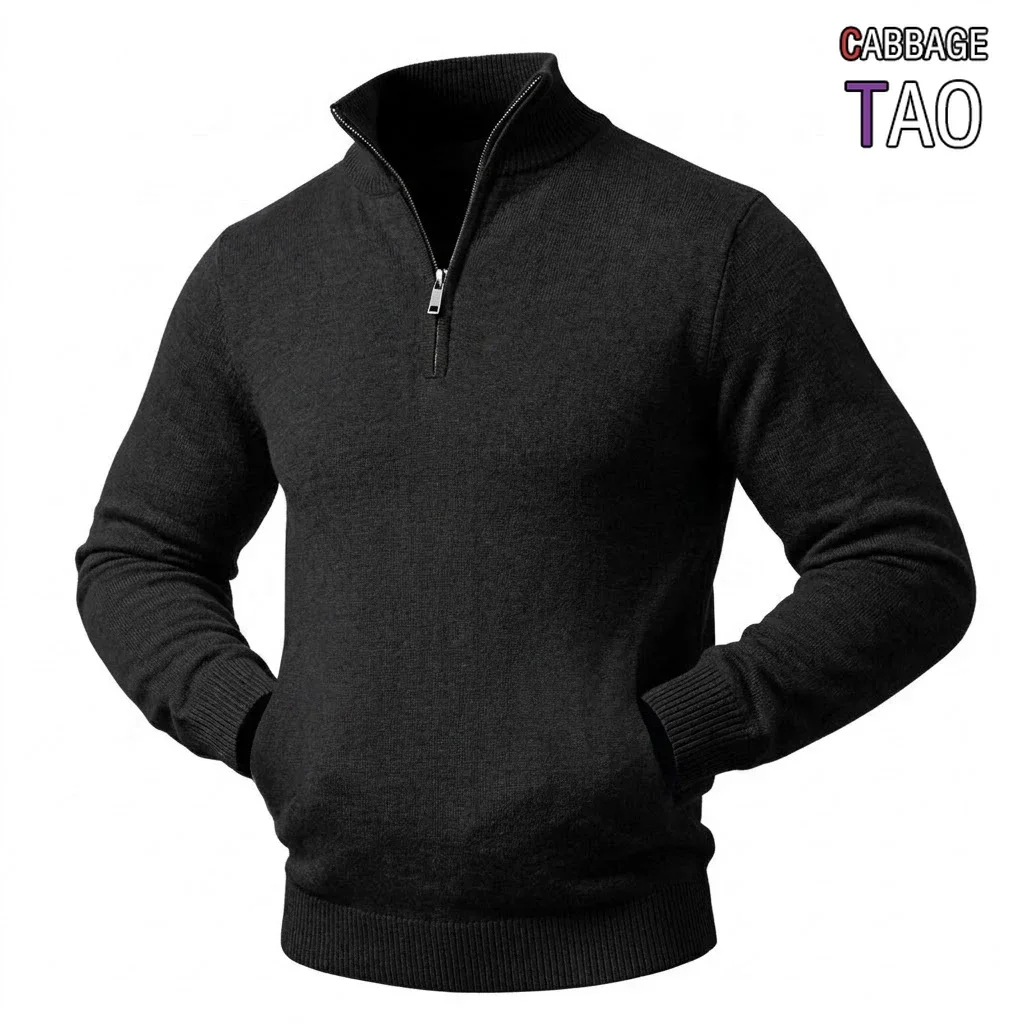 Autumn Mens Quarter Zip Knit Jumper Stand Neck Pullover Long Sleeve Cozy Sweat Top Fall Winter Relaxed Outer Garment Blouses