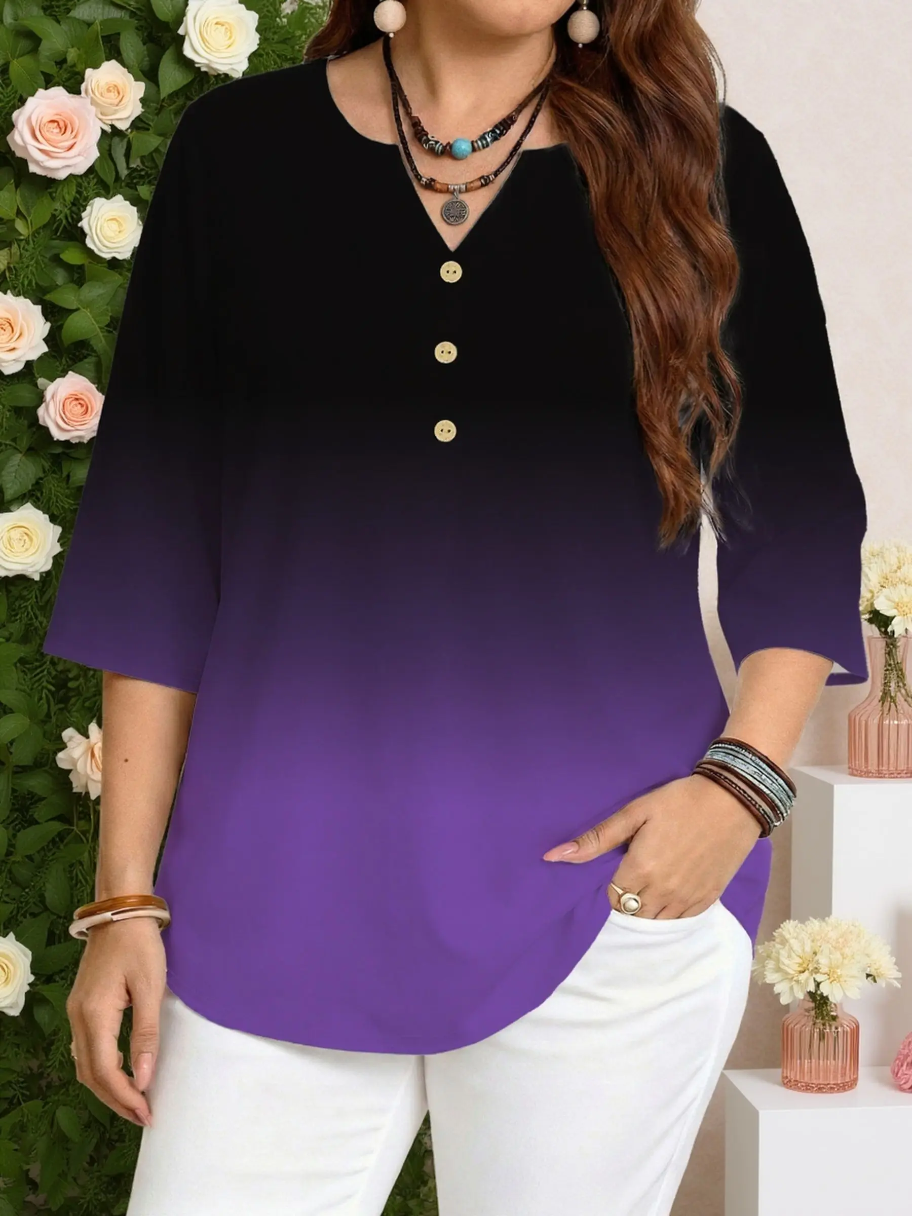 Women Notch V Neck 3/4 Sleeve Blouse Gradient Ombre Floral Embroidery Ethnic Geometric Print Loose Casual Daily Tops