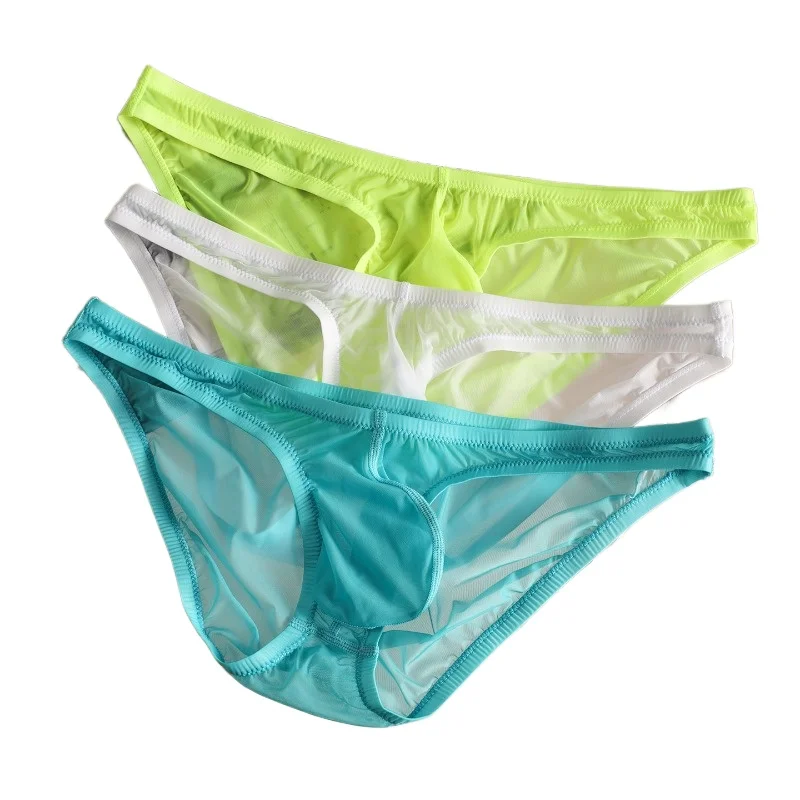 Sexy Underwear Men U Convex Pouch Briefs Transparent Ice Silk Low Waist Tight Fit Ropa Interior Hombre Mens Panties Perspective