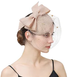 Champagne Fascinator Hat para Mulheres, Noiva Headwear Casamento, Grampo de Cabelo para Coquetel, Acessórios Elegantes para o Cabelo, Véu Chapeau