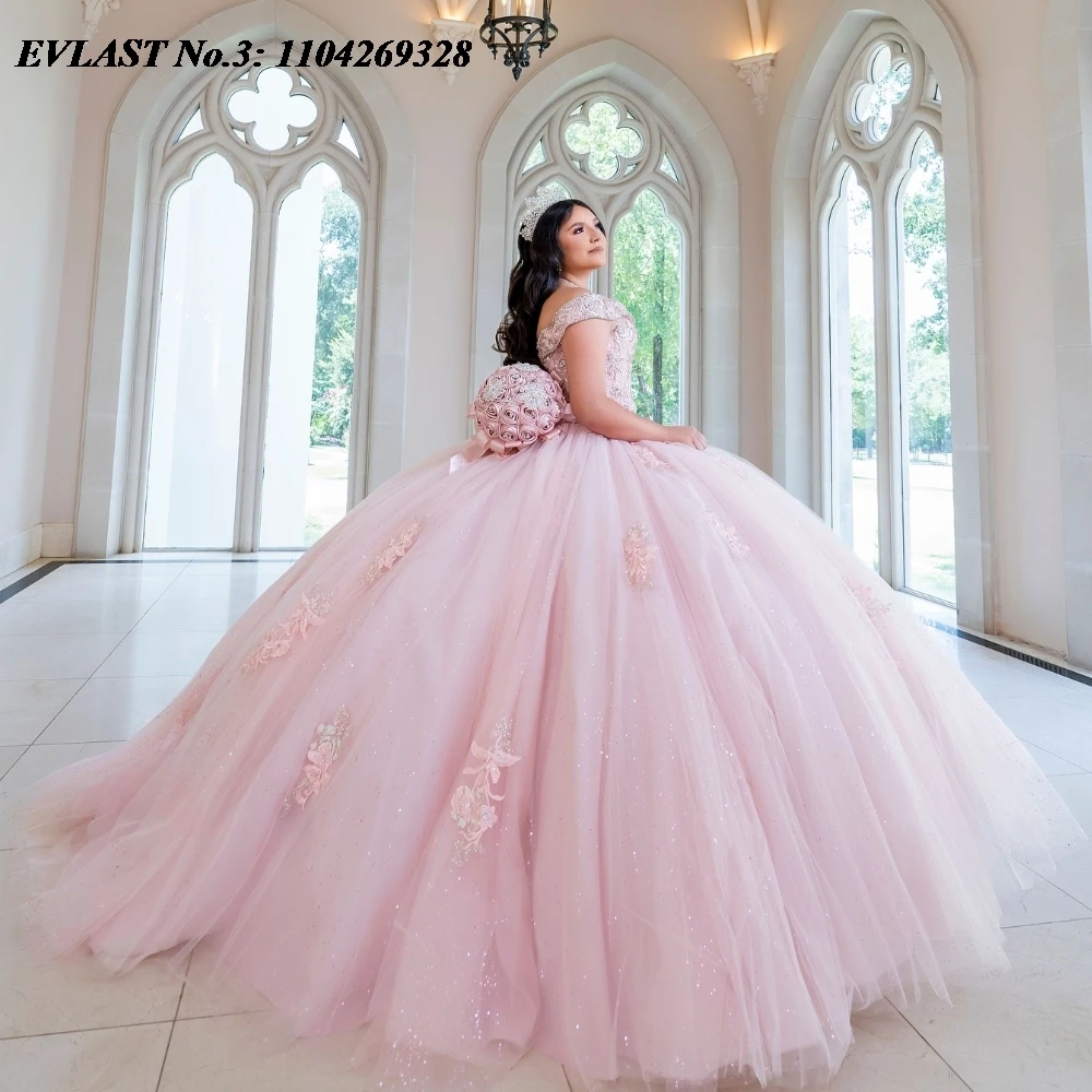 EVLAST Maßgeschneidertes errötendes rosa Quinceanera-Kleid, Ballkleid, Spitze, Perlenstickerei, Tüllkorsett, Sweet 16, Vestido De 15 Anos E3Q396