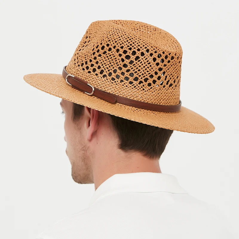 Sombrero Fedora de ala ancha para hombre y mujer, sombrero de paja de playa, tejido exquisito, malla ahuecada, transpirable, fresco, ocio de verano