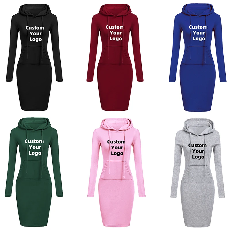 Autumn Winter Sweatshirt Dresses for Women Pocket Hooded Casual Dress Solid Color Long Sleeve Customize your logo Mini Dress