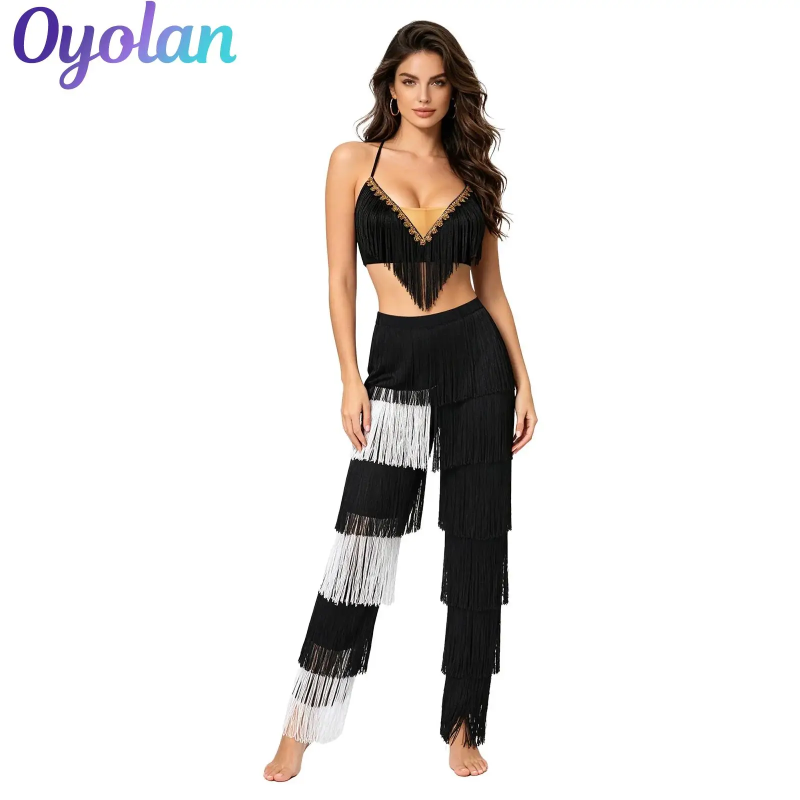

Womens Latin Ballroom Dance Competition Costume Salsa Samba Performance Outfits V-Neck Lace-up Fringe Top And Tiered Pants