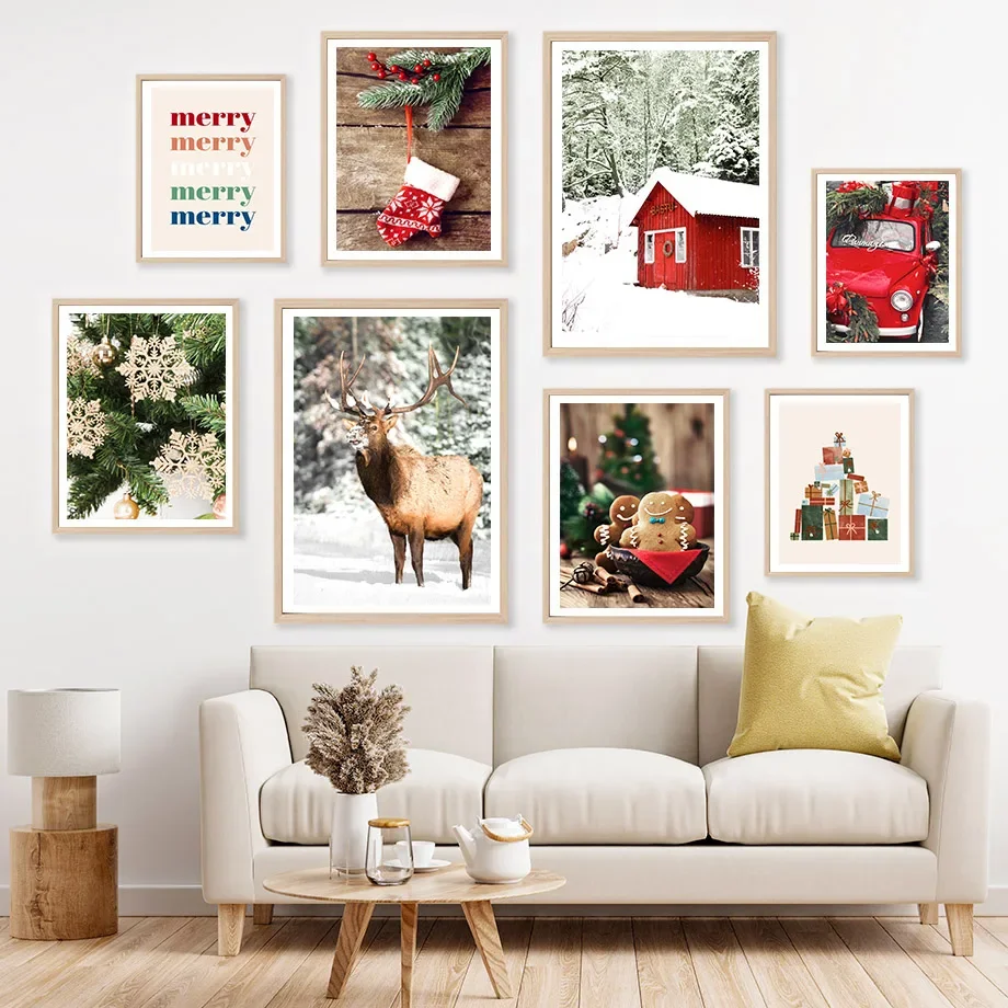

Red Vintage Car Bike Deer Snowflake Christmas Theme Wall Art Canvas Painting Posters And Prints Pictures For Living Room Decor