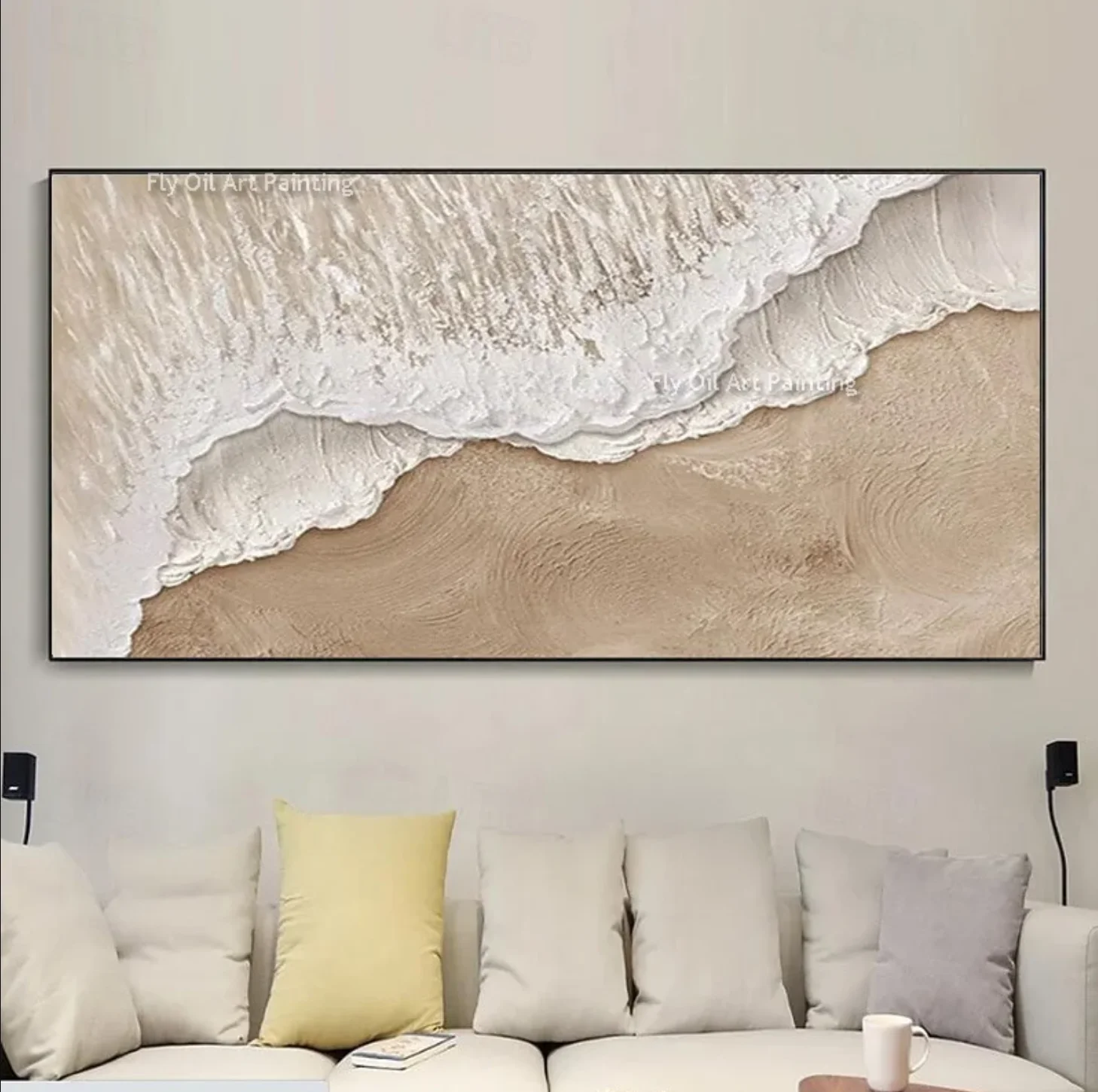 FLY OIL ART Handgefertigtes großes braunes Seawves-Ölgemälde, abstraktes beige-braunes Meer, Strand, Leinwand, Wandkunst, moderne Wanddekoration für Zimmer 4