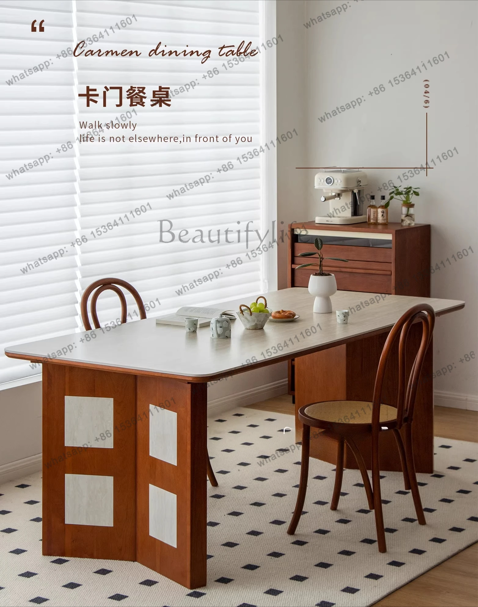 Medieval travertine rock slab dining table long French retro solid wood cream wind cherry wood