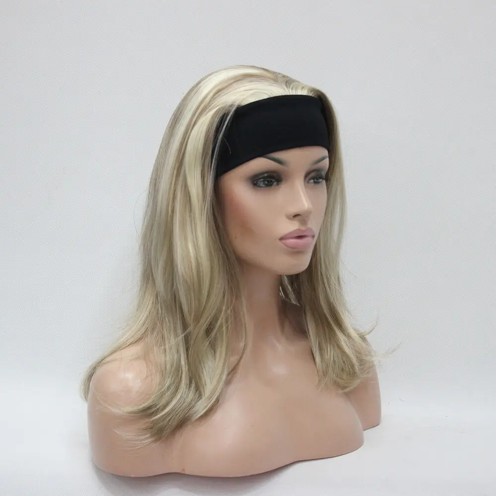 honey ash blonde mix blonde long straight wavy end 3/4 wig with headband