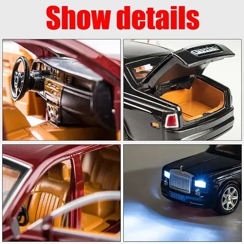 Modèle de voiture Rolls Royce Phantom en alliage moulé sous pression, jouet en métal, simulation du son et de la lumière, collection de voitures arrière, cadeau pour enfants, A0.25, 1:24