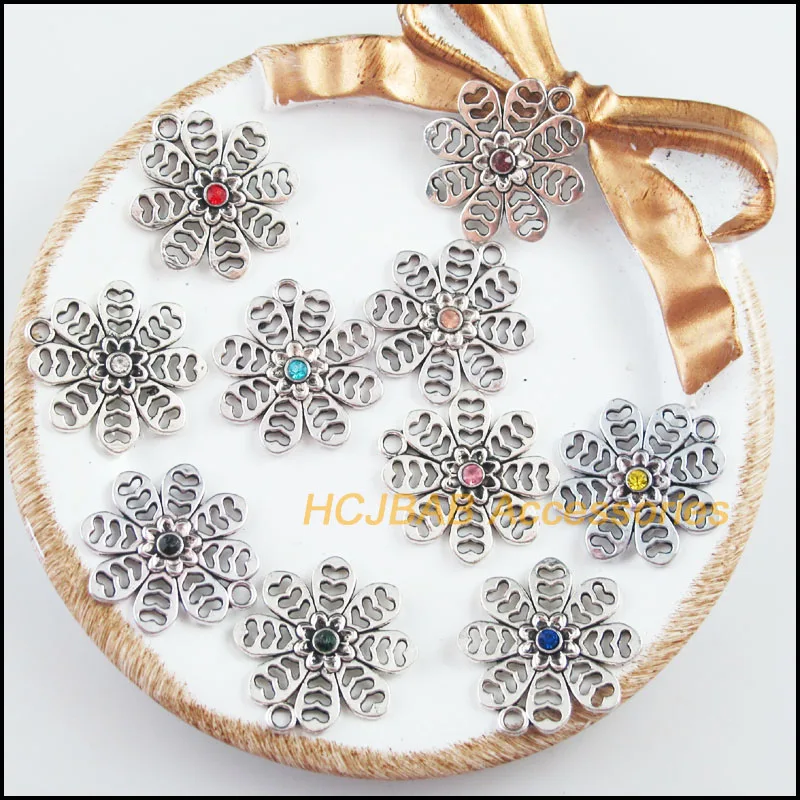 20Pcs Tibetan Silver Plated Retro Snowflake Mixed Crystal Charms Pendants 21x23mm