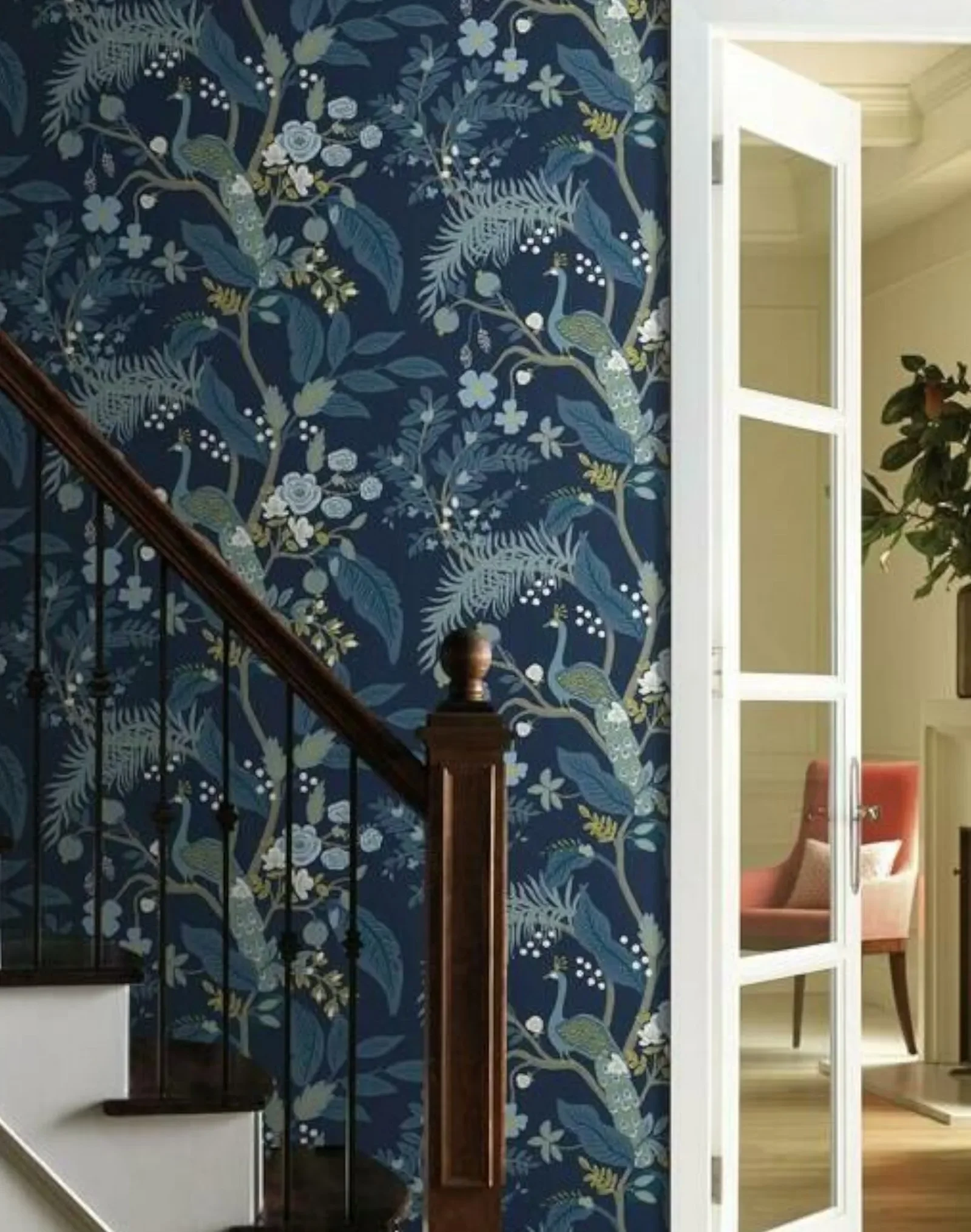Peel and Stick Wall Sticker, Tropical Peacoack Wall Paper - Magic tropic peacock wallpaper in Navy Back