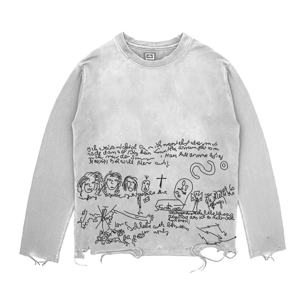 Creative Graffiti Design Long Sleeve T-Shirt Cultural Subversion Visual Style Worn out Destruction Studio Workwear