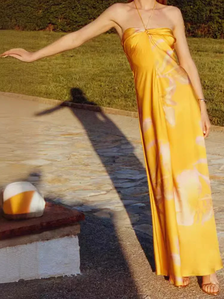 

Summer New Yellow Print Silk Dr Svel Ne Hanging Bal Long Dr Sexy Sle High Waist Polyester Fiber 00%