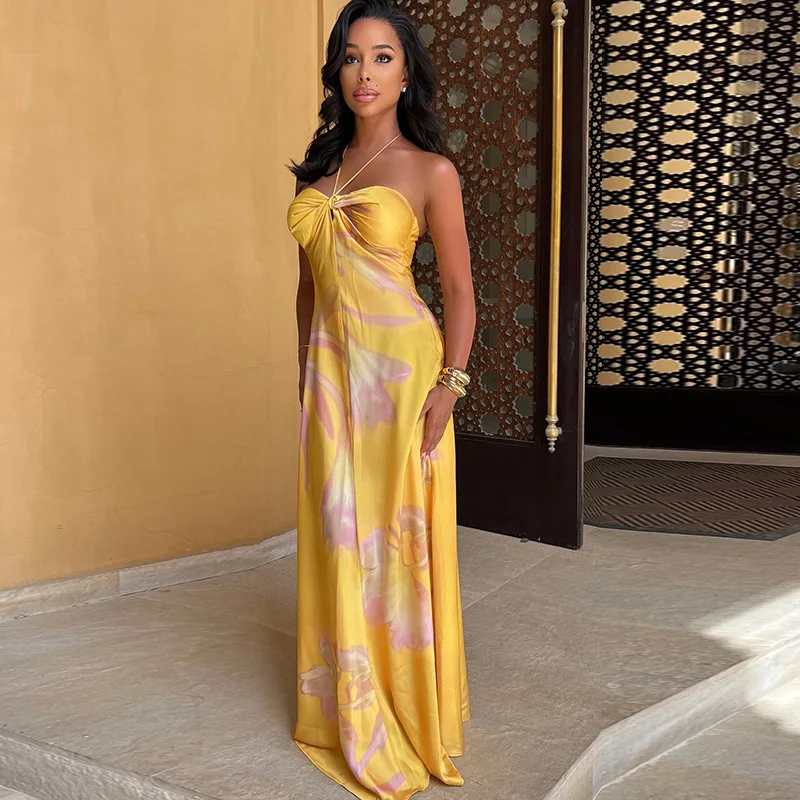 シスタースター レディース ファッション ネックドレス デジタル印刷 ラップチェスト ノースリーブ プルオーバー バックレス ミッドウエスト スリム Aラインドレス