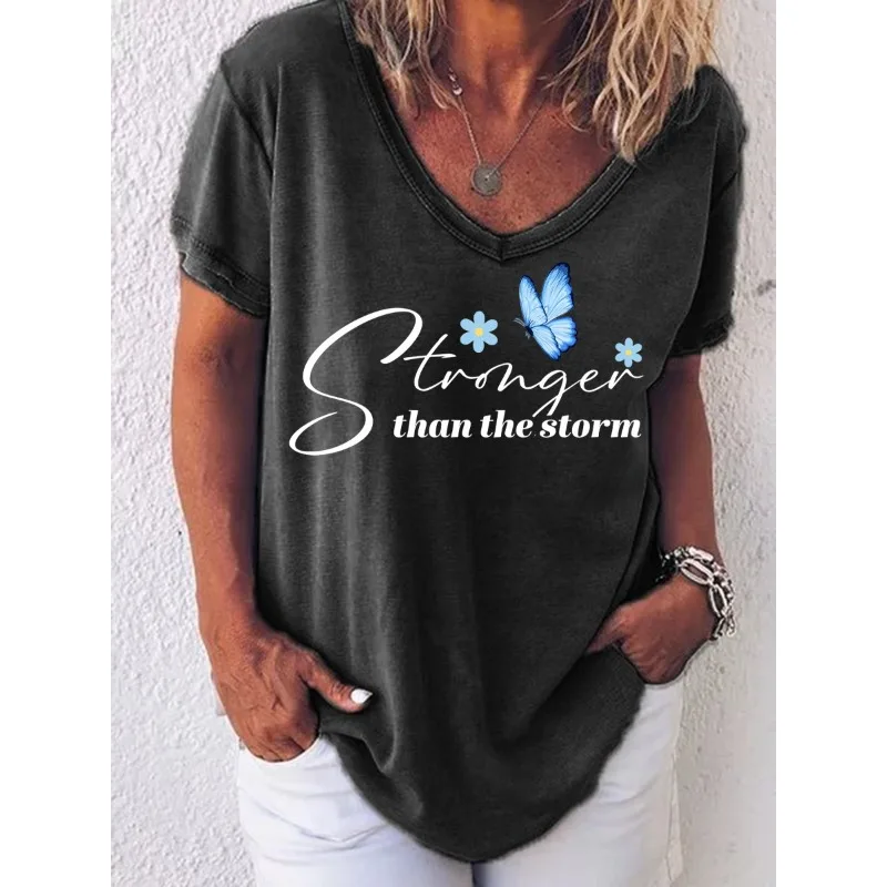 ilstile Women's Stronger Letter Print T-Shirts Summer Short Sleeve T Shirt Casual Loose V Neck Tops Tees Hot Sale