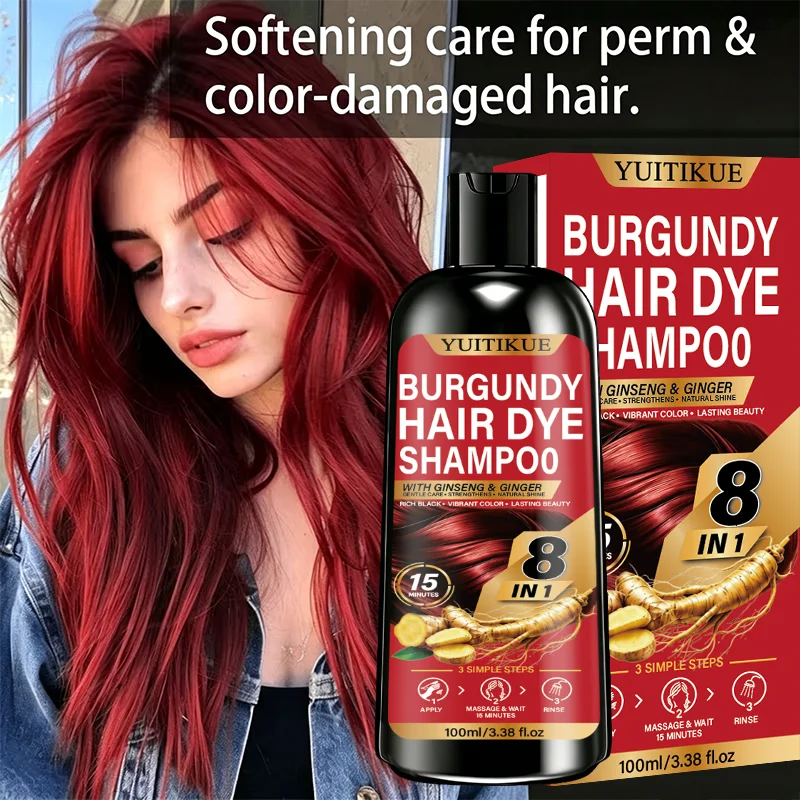 15 Mins Fast Burgundy Hair Dye Shampoo 100ml 8 In 1 Ginseng Ginger 3 Simple Steps Gentle Nourishing Long Lasting Hair Coloring S