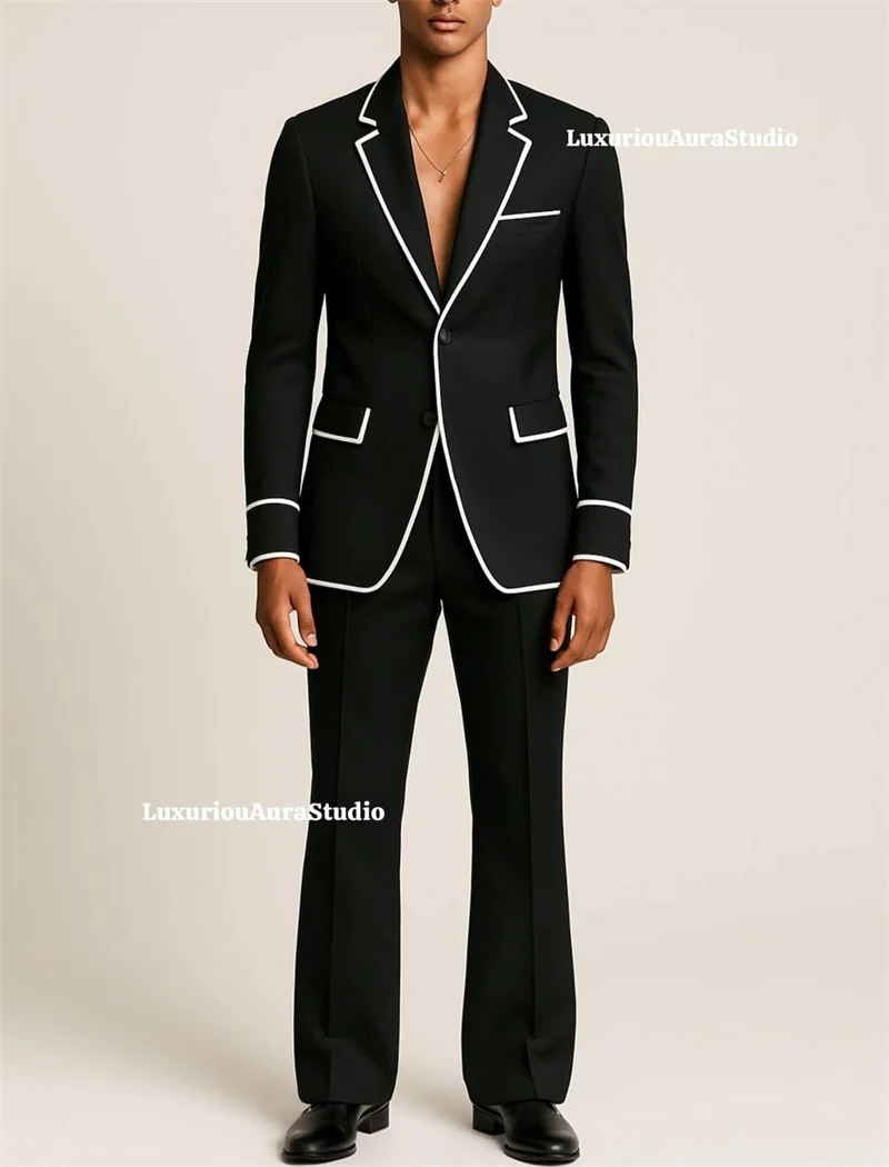 Designer Black Men Suit Set 2 Pcs Blazer+Pants Trousers White Stripe Customized Formal Office Jacket Wedding Tuxedos Prom Coat