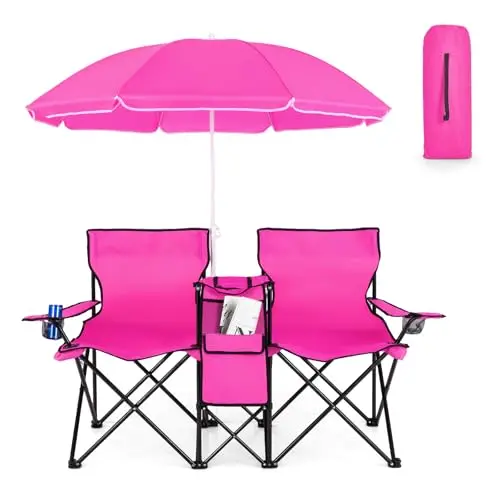 Leisure Travel Lawn Garden Portable Folding Camping Removable Umbrella Cup Holder Outdoor Beach Terrace Double Chair