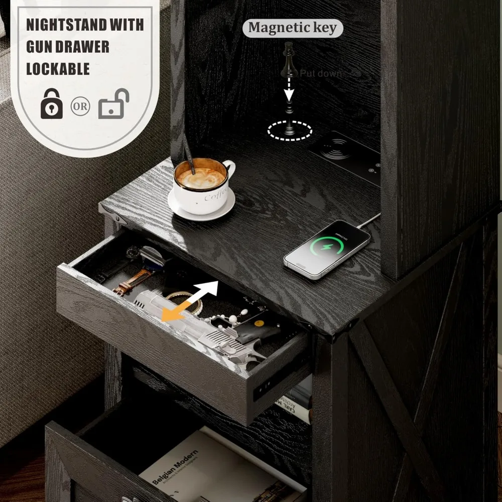 Comodino alto da fattoria con stazione di ricarica, comodino con ripiani, comodino a LED con cassetto per pistola, nero