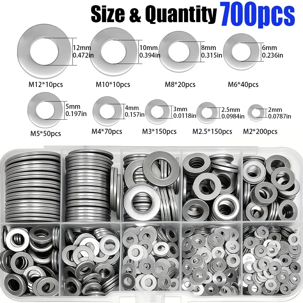 700-Piece Set of M2-M12 Stainless Steel Flat Washers, for Home Maintenance, Industrial Repair, and Outdoor Building Maintenance.