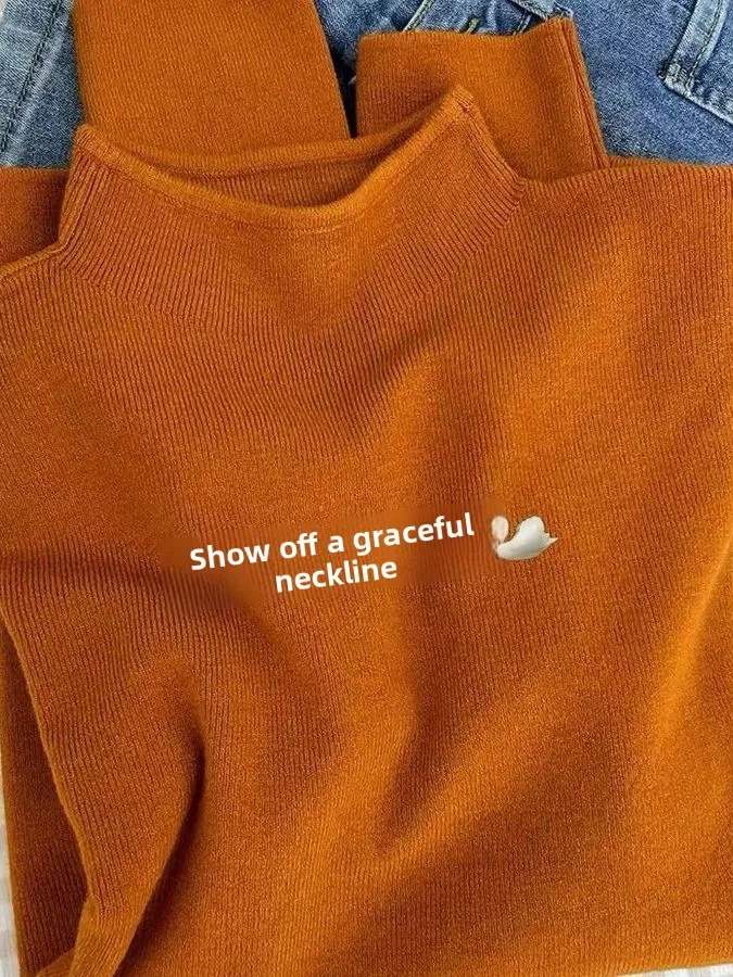 Retro Pumpkin Color Knitted Long Sleeve Half High Collar Women's Base Shirt Soft Cozy Autumn Winter Inner Wear Casual Elegant...