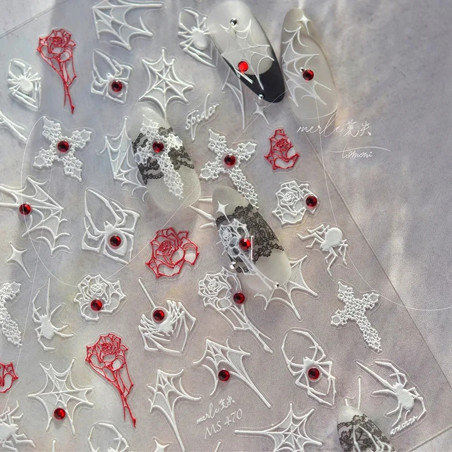 Pegatinas de alta calidad para uñas, calcomanías con carcasa brillante en blanco y negro, tela de araña, rosa, diseño de calcomanías, herramienta de manicura, MS-468