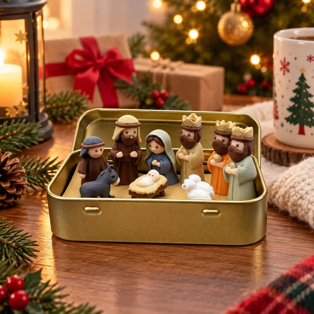 1 Set 3D Printed Christmas Nativity Set Metal Tin Box Mini Size Nativity Scene Portable Storage Case Christmas Manger Figurines