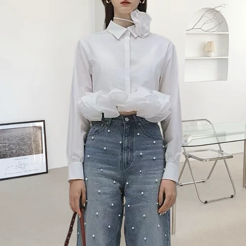 

Women's White Sheer Organza Voluminous Collared Button Down Shirt Long Puff Sleeve Top Casual Blouse