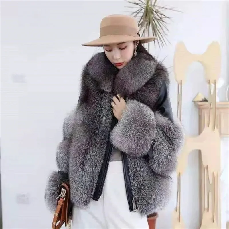 2025 Women Winter Jacket Warm Imitation Fox Fur Coat Imitation Leather Full Fox Fur Motorcycle Jacket Luxury Outerwear