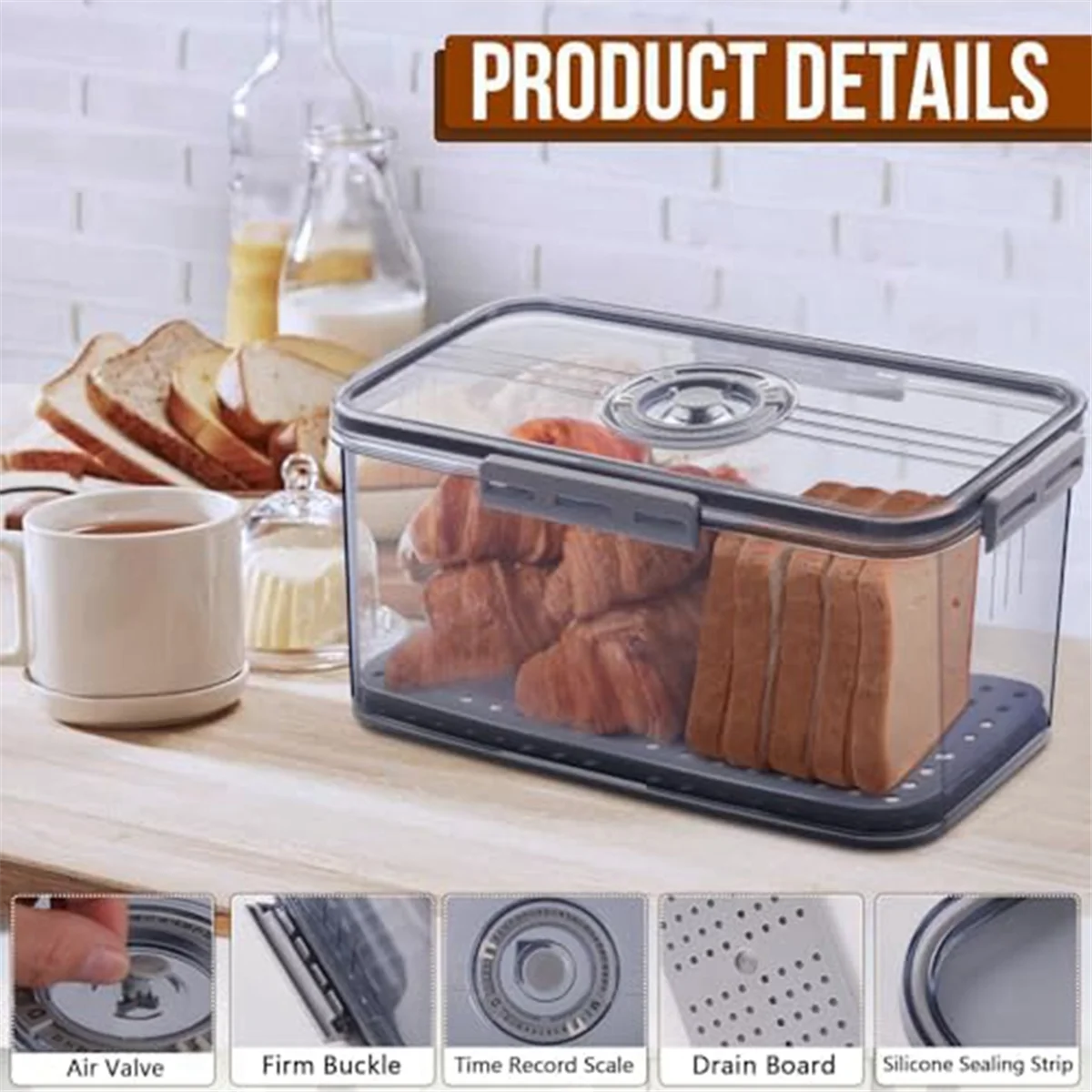 Bread Box Airtight Bread Boxes for Kitchen Counter, Time Recording Bread Storage Container with Lid, Bread Holder