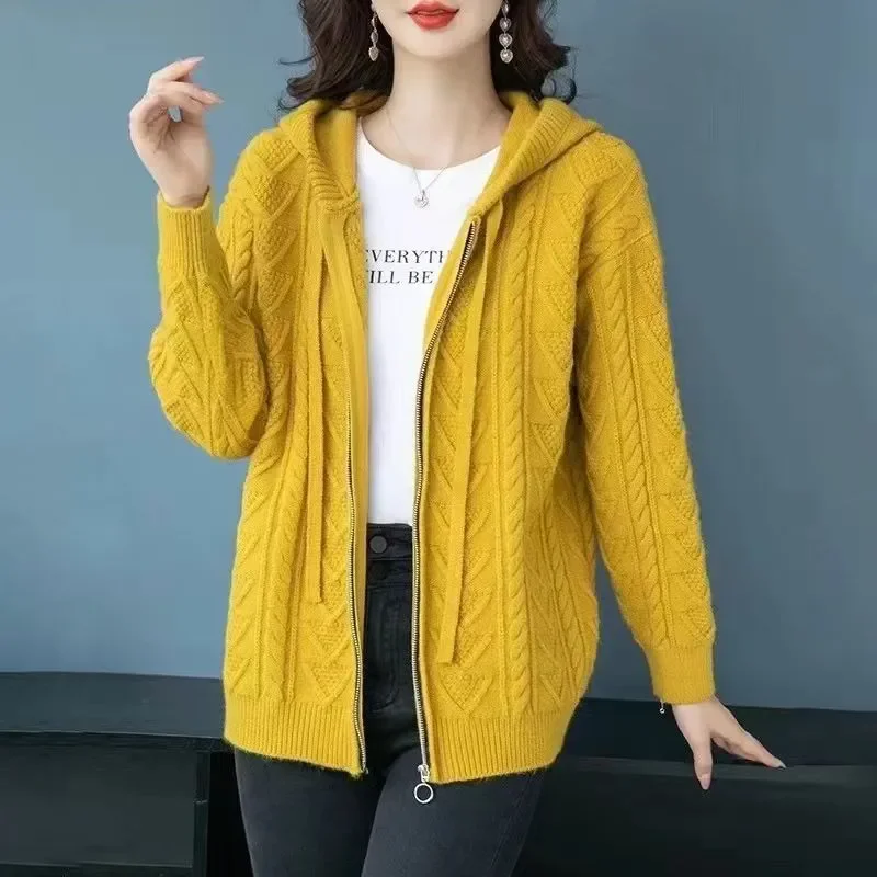 

New Autumn Winter Fashion Hooded Zipper Sweaters Women High-End Knitted Cardigan Thick Long Sleeves Loose Knitwear Outwear T1452